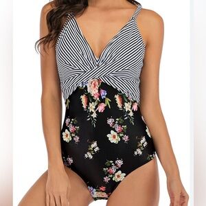 Striped and Floral One-Piece Swimsuit